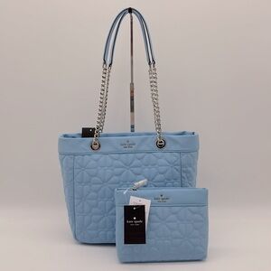 Kate Spade Spade Flower Quilted Fabric Medium Tote & Cosmetic Pouch Montauk Blue